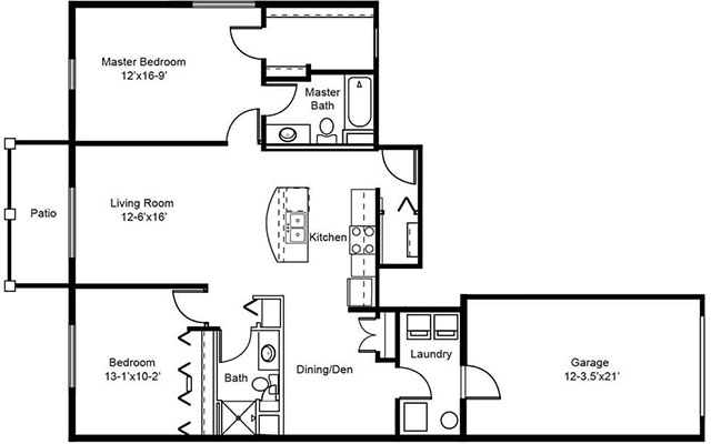 Stonefield Terrace, 2 bed, 2 bath w/den floor plan
